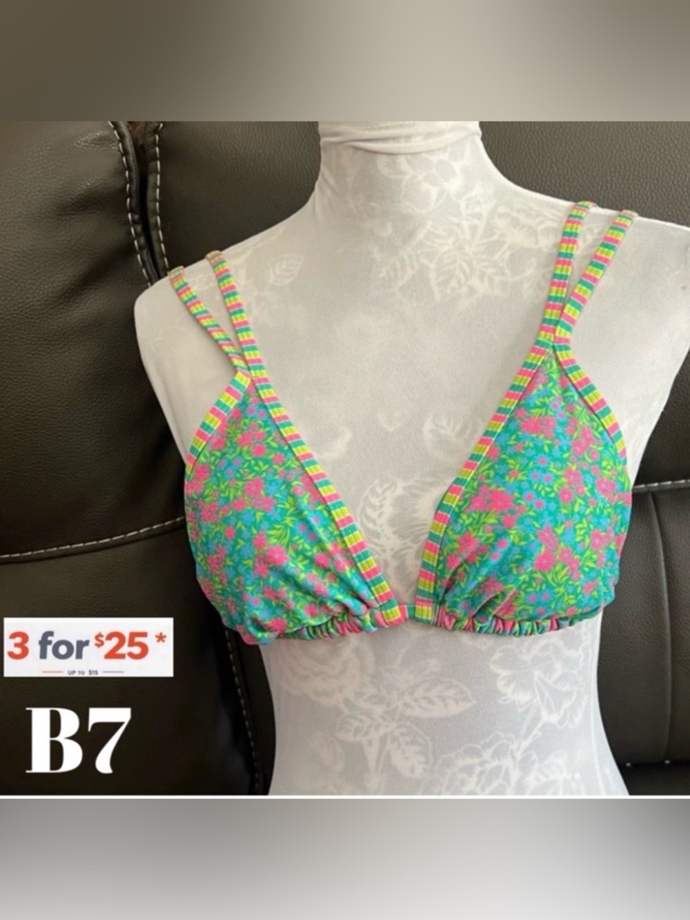Wild Fable Green Bikini Top with Pink and Yellow Straps